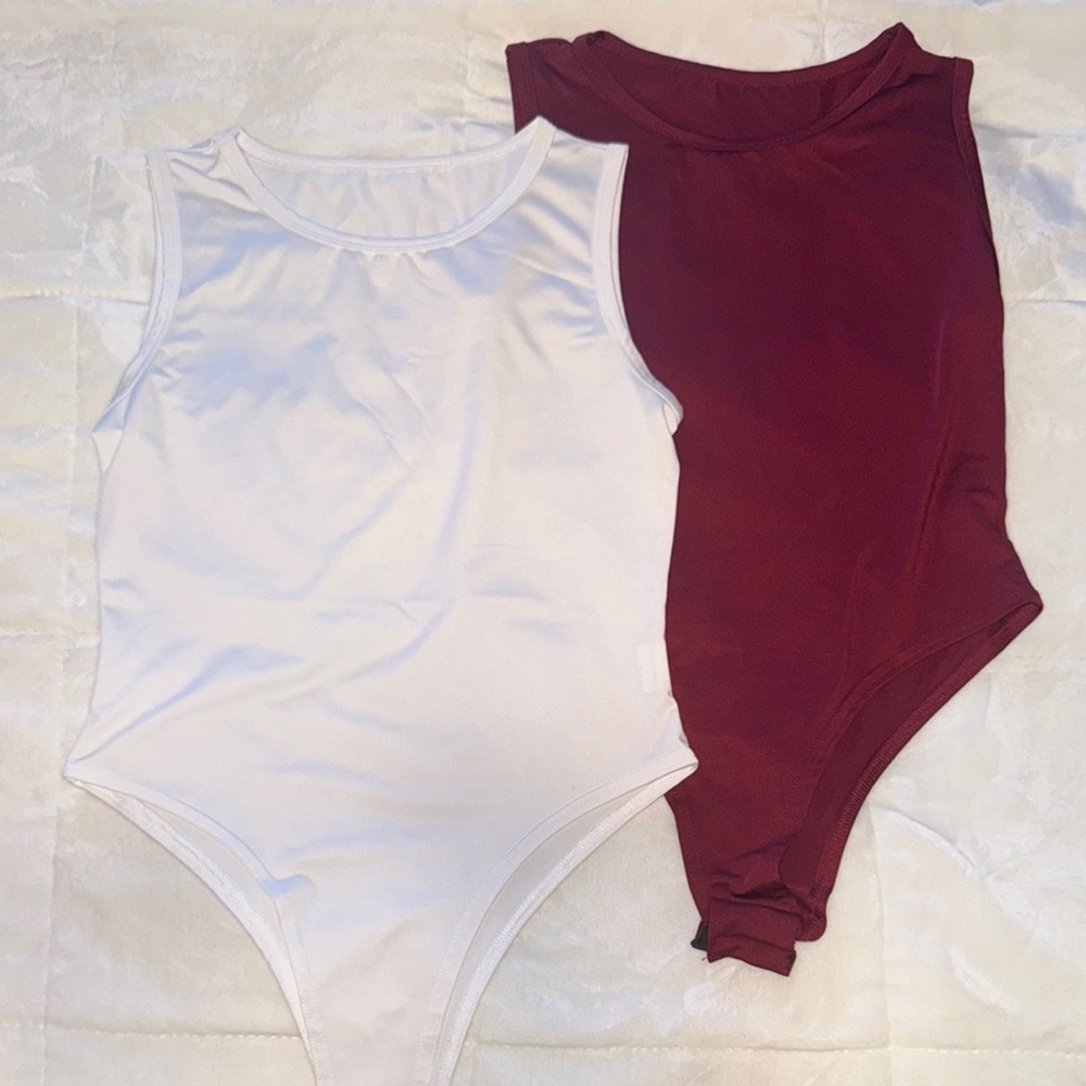 White and Burgundy Sleeveless Bodysuits